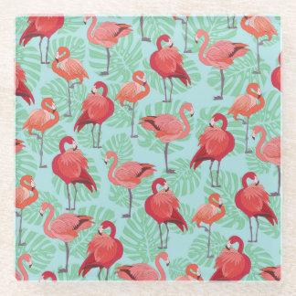 Roze Flamingo's: Exotisch naadloos patroon. Glazen Onderzetter