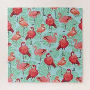 Roze Flamingo's: Exotisch naadloos patroon. Legpuzzel