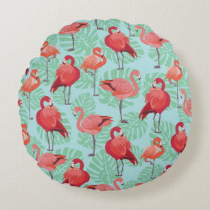 Roze Flamingo's: Exotisch naadloos patroon. Rond Kussen