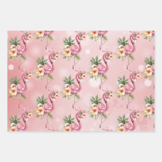 Roze Flamingo's Exotische Bloemen Inpakpapier Vel (Voorkant 3)