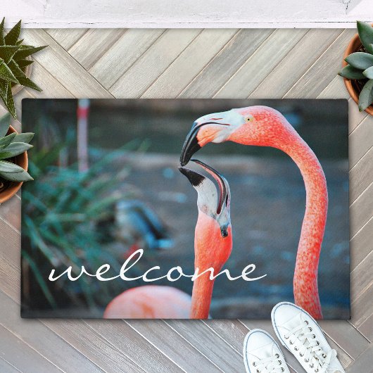 Roze Flamingo's Foto Welkomstscript Modern Stijlvo Deurmat