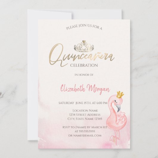 Roze Flamingos Gold Tiara Quinceañera Kaart (Voorkant)