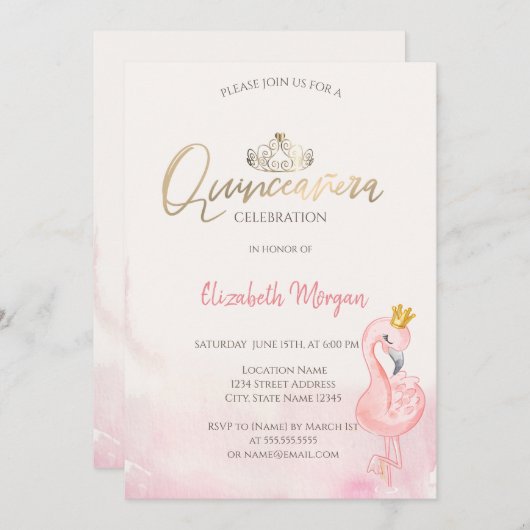 Roze Flamingos Gold Tiara Quinceañera Kaart (Voorkant / Achterkant)