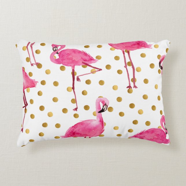 Roze flamingo's, gouden stippen, waterverf. accent kussen (Voorkant)