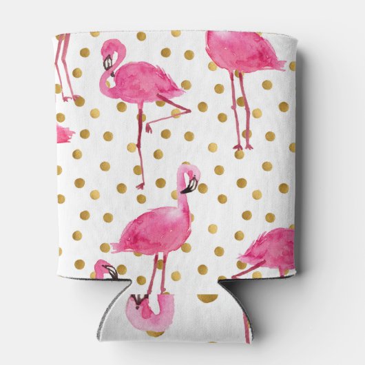 Roze flamingo's, gouden stippen, waterverf. blikjeskoeler (Achterkant)