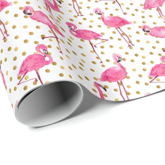 Roze flamingo's, gouden stippen, waterverf. cadeaupapier (Rol Hoek)