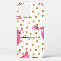 Roze flamingo's, gouden stippen, waterverf.