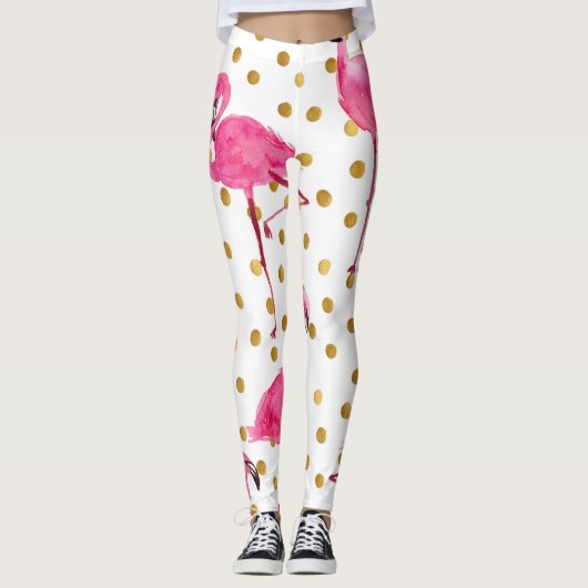 Roze flamingo's, gouden stippen, waterverf. leggings (Voorkant)