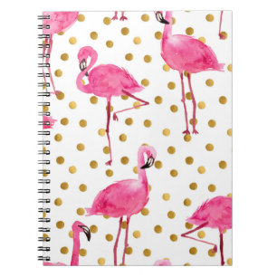 Roze flamingo's, gouden stippen, waterverf. notitieboek
