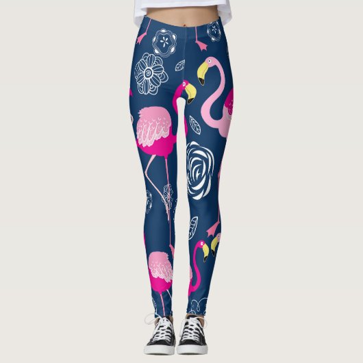 Roze Flamingo's: Grafisch Donker Patroon Leggings (Voorkant)