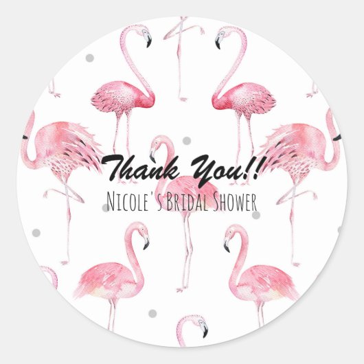 Roze Flamingo's Grijs Polka Dots Chique Favor Ronde Sticker (Voorkant)