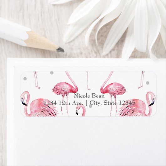 Roze Flamingo's Grijs Polka Dots Chique Uitnodigin Etiket (Insitu)