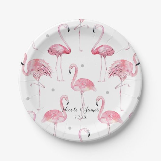 Roze Flamingo's Grijze Polka Dots Chic Patroon Par Papieren Bordje (Voorkant)