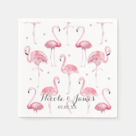 Roze Flamingo's Grijze Polka Dots Chic Patroon Par Servetten (Voorkant)