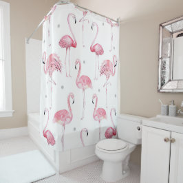 Roze Flamingo's Grijze Stippen Chic Tropisch Douchegordijn