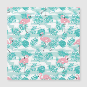 Roze flamingo's, groene palmbladeren, tropisch.