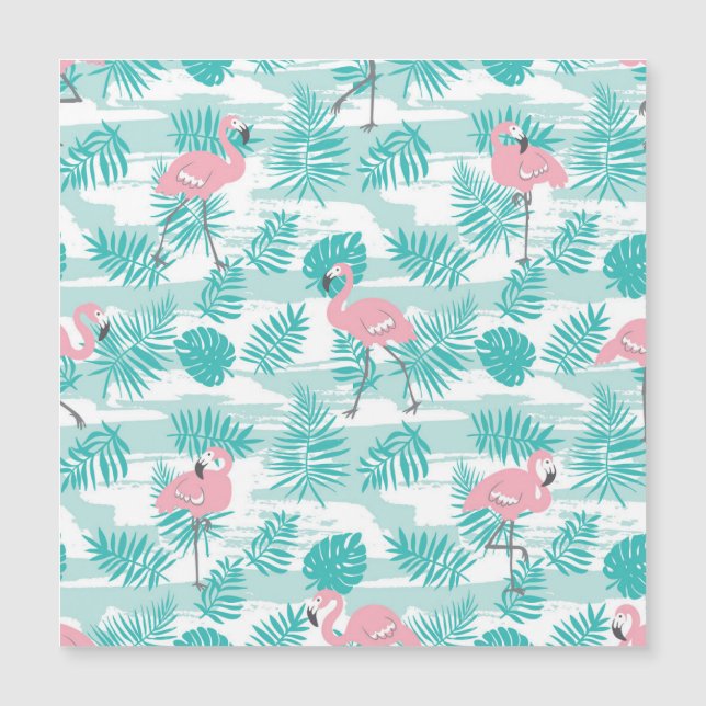 Roze flamingo's, groene palmbladeren, tropisch. (Voorkant)