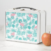 Roze flamingo's, groene palmbladeren, tropisch. (In situ)