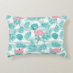 Roze flamingo's, groene palmbladeren, tropisch. accent kussen