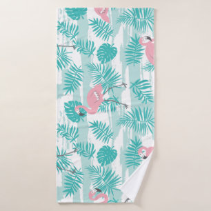 Roze flamingo's, groene palmbladeren, tropisch. badhanddoek