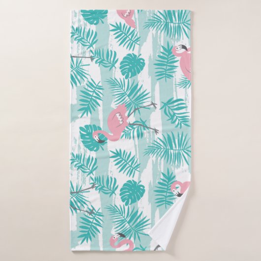 Roze flamingo's, groene palmbladeren, tropisch. badhanddoek (Badhanddoek)