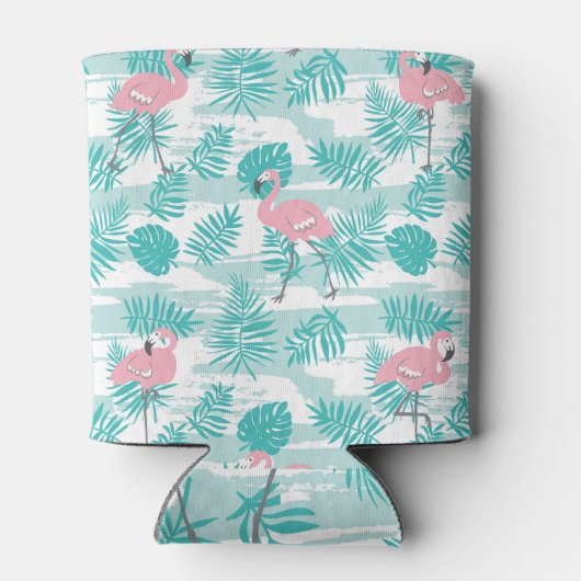 Roze flamingo's, groene palmbladeren, tropisch. blikjeskoeler (Achterkant)