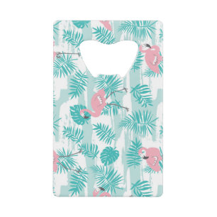 Roze flamingo's, groene palmbladeren, tropisch. creditkaart flessenopener