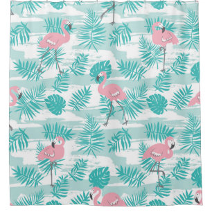 Roze flamingo's, groene palmbladeren, tropisch. douchegordijn