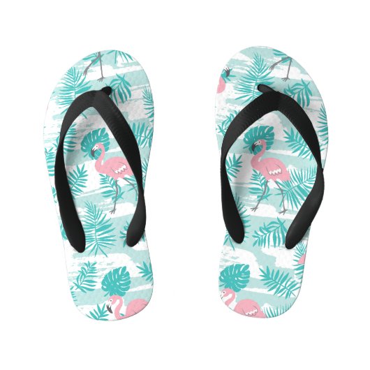 Roze flamingo's, groene palmbladeren, tropisch. kinder teenslippers (Voetbed)