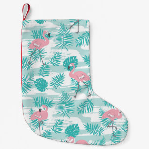 Roze flamingo's, groene palmbladeren, tropisch. kleine kerstsok