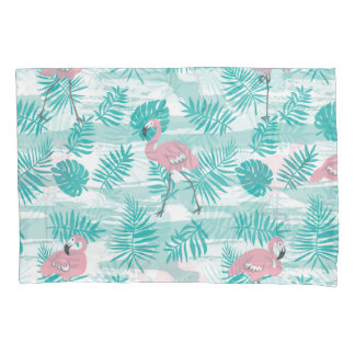 Roze flamingo's, groene palmbladeren, tropisch. kussensloop