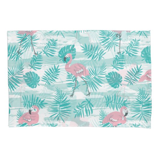Roze flamingo's, groene palmbladeren, tropisch. kussensloop (Voorkant)