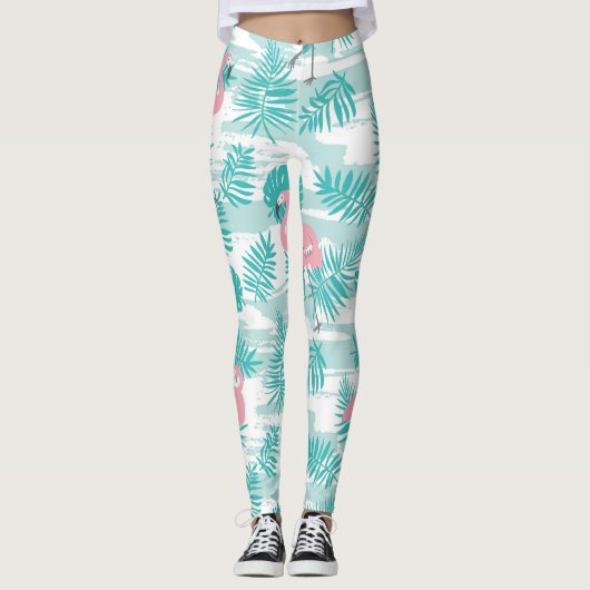 Roze flamingo's, groene palmbladeren, tropisch. leggings (Voorkant)
