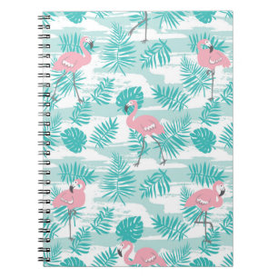 Roze flamingo's, groene palmbladeren, tropisch. notitieboek