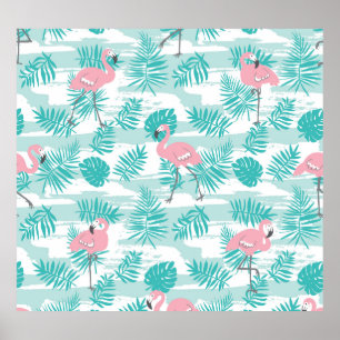 Roze flamingo's, groene palmbladeren, tropisch. poster