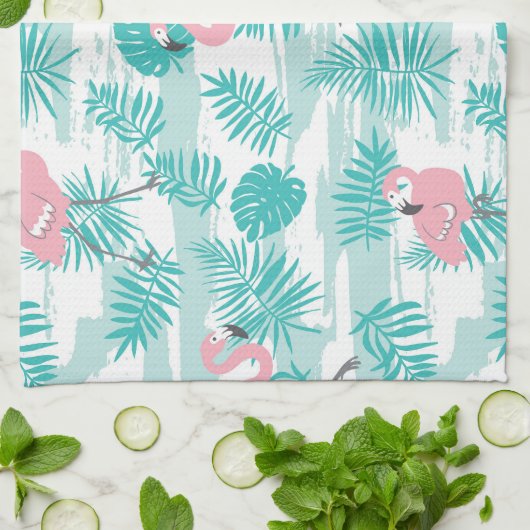 Roze flamingo's, groene palmbladeren, tropisch. theedoek (Gevouwen)