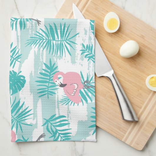 Roze flamingo's, groene palmbladeren, tropisch. theedoek (Quarter Fold)