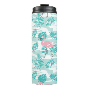Roze flamingo's, groene palmbladeren, tropisch. thermosbeker