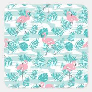 Roze flamingo's, groene palmbladeren, tropisch. vierkante sticker