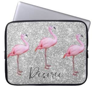 Roze Flamingo's Haar Naam Zilver Glitter Trendy Laptop Sleeve