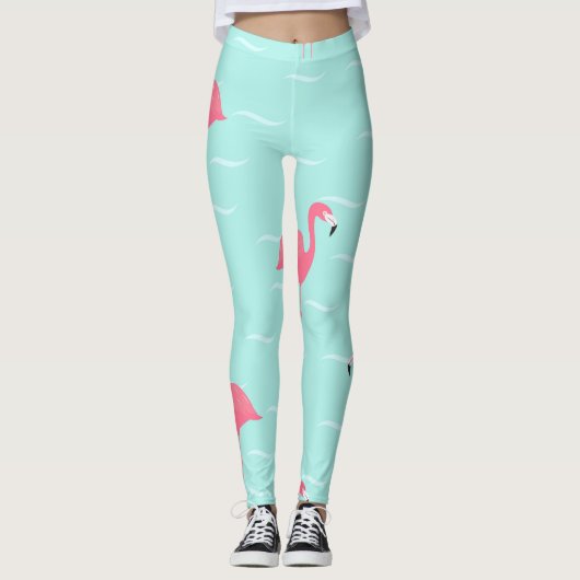 Roze flamingo's in blauw zee leggings (Voorkant)