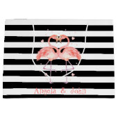 Roze flamingos in de liefde, zwarte witte strepen groot cadeauzakje (Voorkant)