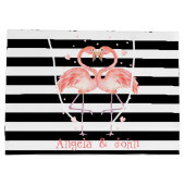 Roze flamingos in de liefde, zwarte witte strepen groot cadeauzakje (Achterkant)