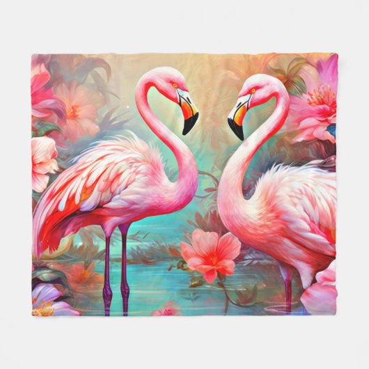 Roze flamingo's in een meer met bloemen-20231 fleece deken (Voorkant (Horizontaal))