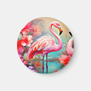 Roze flamingo's in een meer met bloemen-20231 magneet