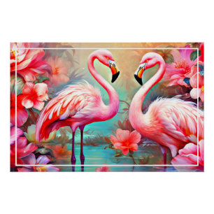 Roze flamingo's in een meer met bloemen-20231 perfect poster