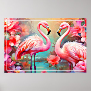 Roze flamingo's in een meer met bloemen-20231 poster