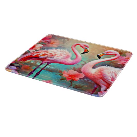 Roze flamingo's in een meer met bloemen-20231 snijplank (Hoek)