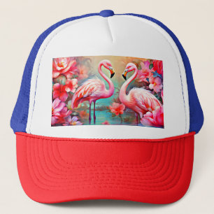 Roze flamingo's in een meer met bloemen-20231 trucker pet