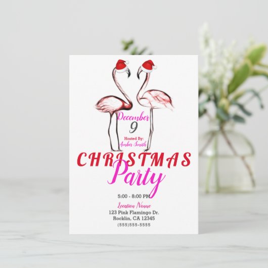 Roze flamingo's in kerstfeest met kerstmutsen kaart (Staand voorkant)